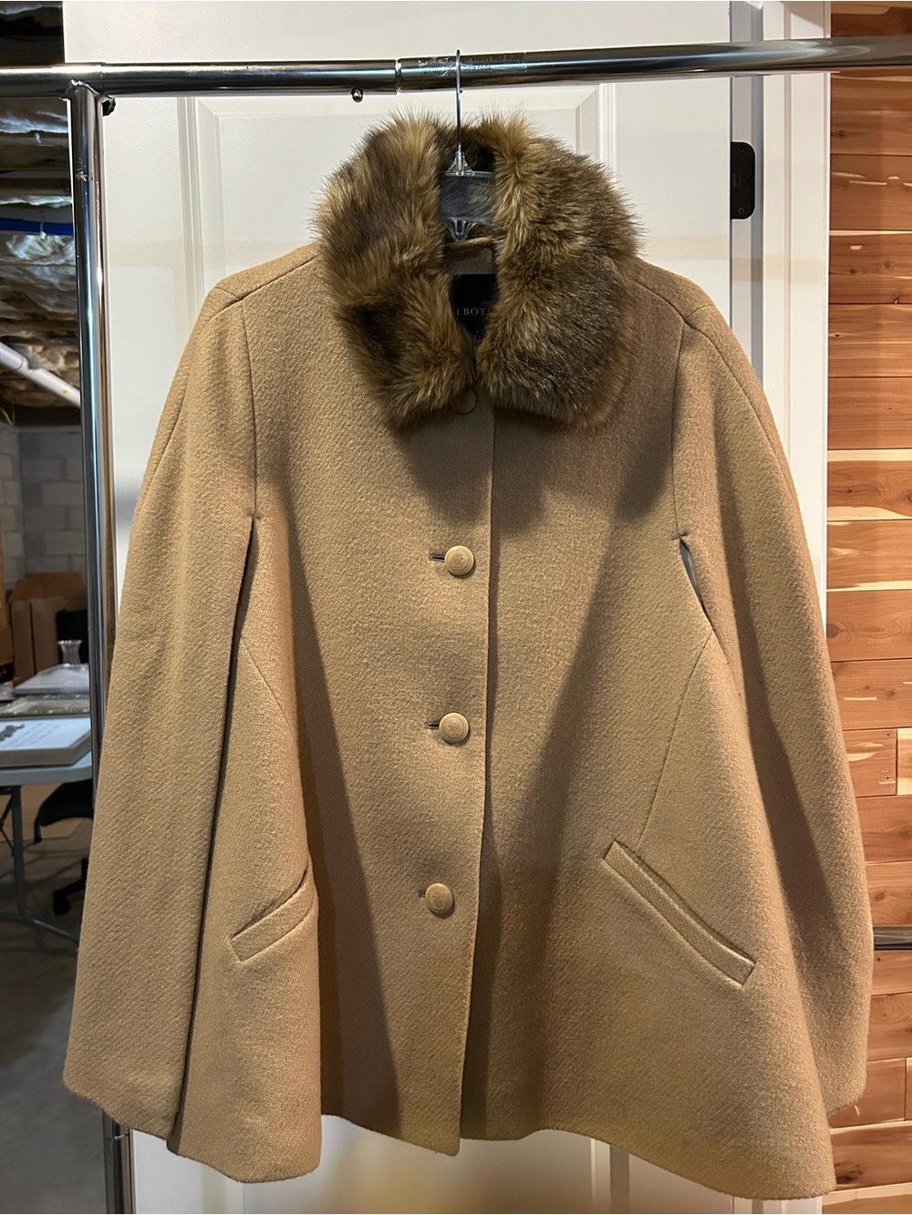 Talbots Camel Wool Blend Pea Coat with Brown Faux Fur Collar